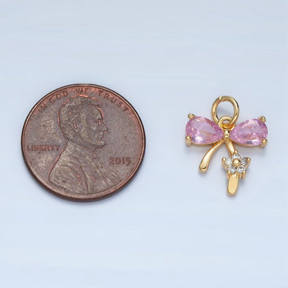 24K Gold Filled Clear, Purple, Pink CZ Ribbon Bow Flower Charm | AG891 AG892