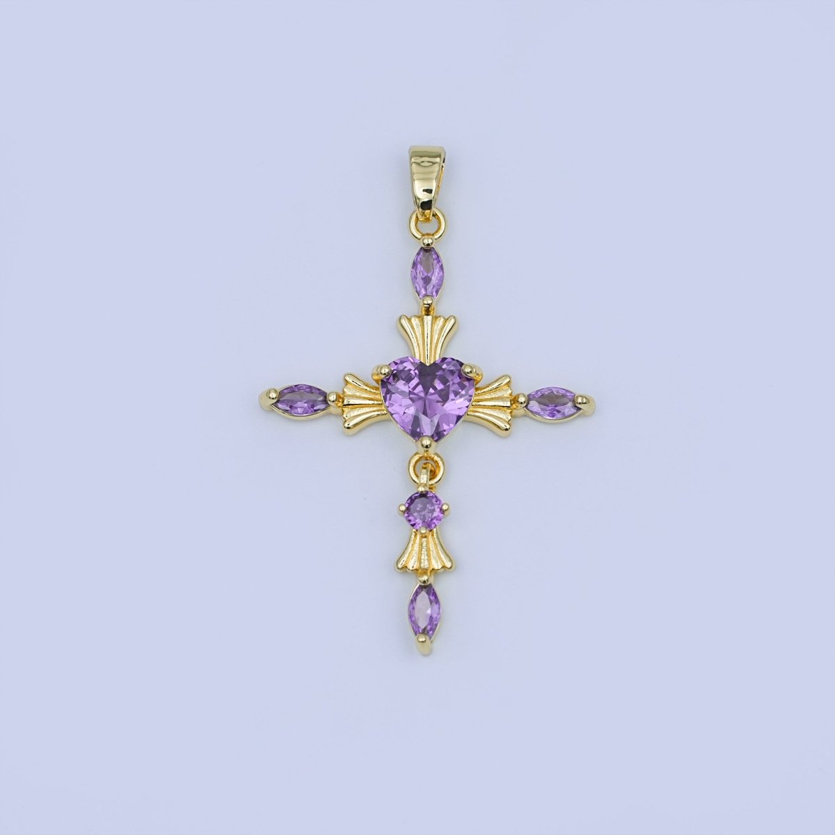 24K Gold Filled Clear, Purple, Pink, Red Marquise Heart Religious Cross Pendant | AH436 AH437