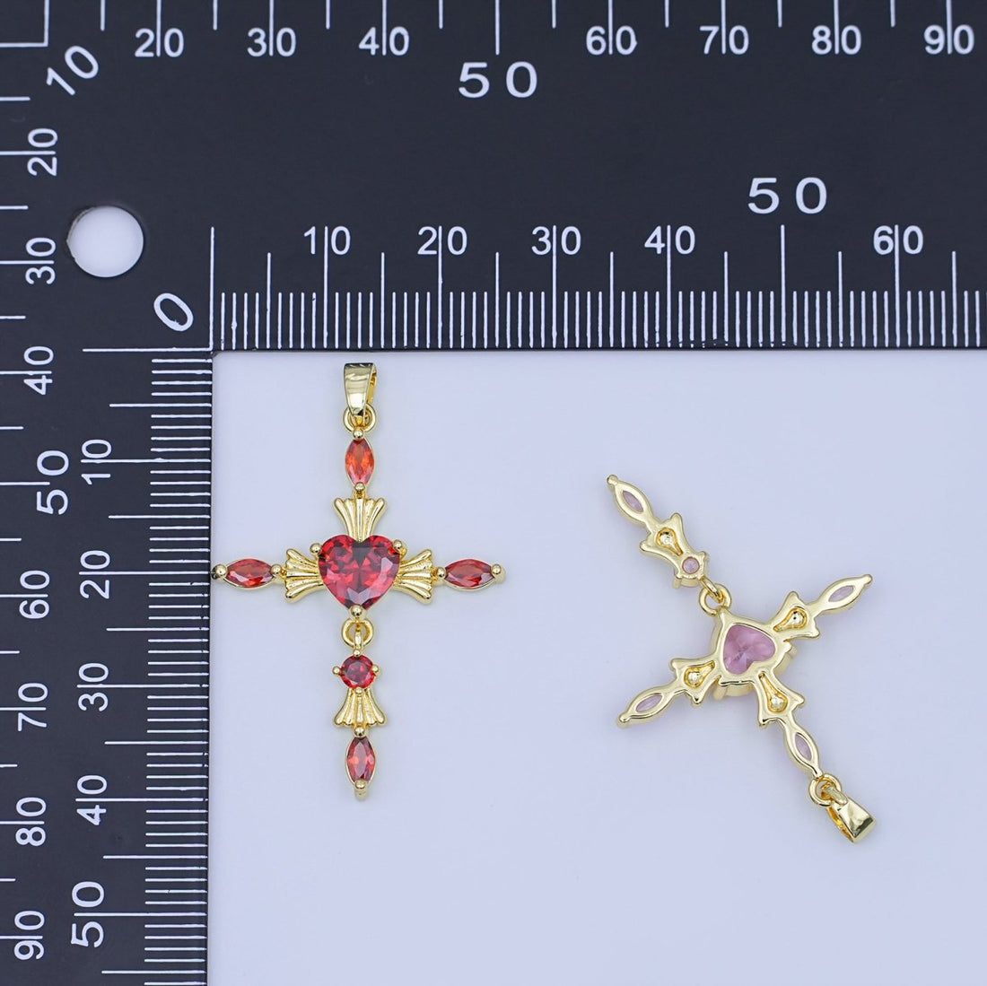 24K Gold Filled Clear, Purple, Pink, Red Marquise Heart Religious Cross Pendant | AH436 AH437