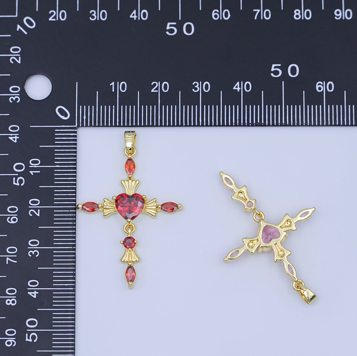 24K Gold Filled Clear, Purple, Pink, Red Marquise Heart Religious Cross Pendant | AH436 AH437