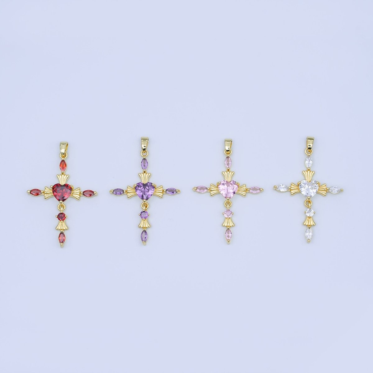 24K Gold Filled Clear, Purple, Pink, Red Marquise Heart Religious Cross Pendant | AH436 AH437