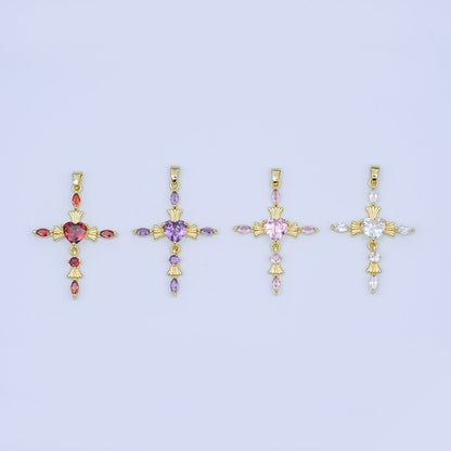 24K Gold Filled Clear, Purple, Pink, Red Marquise Heart Religious Cross Pendant | AH436 AH437