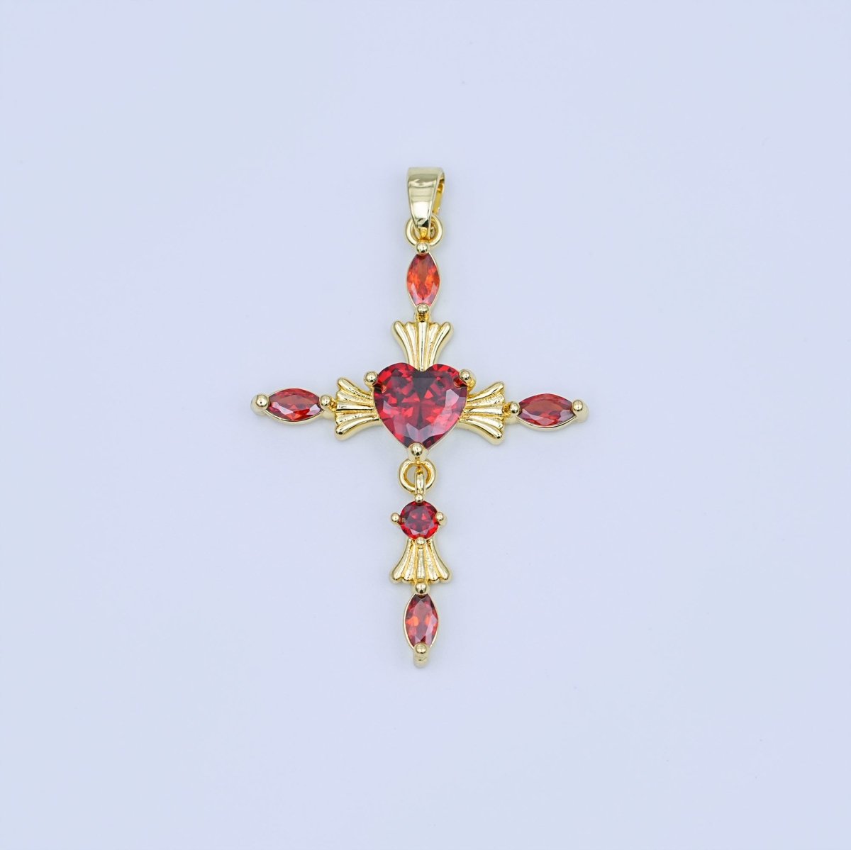 24K Gold Filled Clear, Purple, Pink, Red Marquise Heart Religious Cross Pendant | AH436 AH437