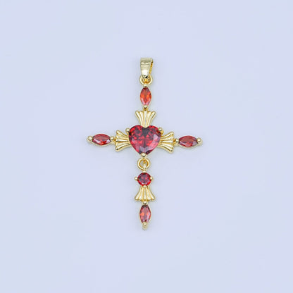 24K Gold Filled Clear, Purple, Pink, Red Marquise Heart Religious Cross Pendant | AH436 AH437