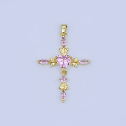 24K Gold Filled Clear, Purple, Pink, Red Marquise Heart Religious Cross Pendant | AH436 AH437