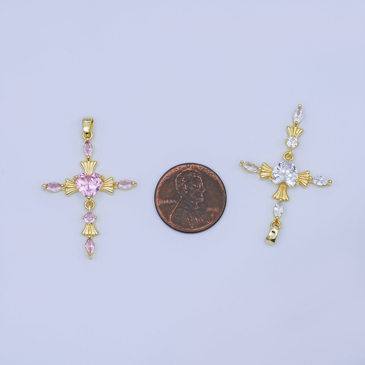 24K Gold Filled Clear, Purple, Pink, Red Marquise Heart Religious Cross Pendant | AH436 AH437