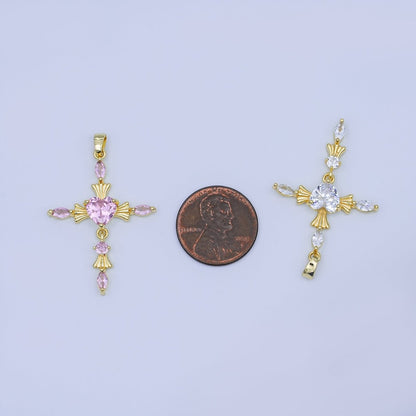 24K Gold Filled Clear, Purple, Pink, Red Marquise Heart Religious Cross Pendant | AH436 AH437