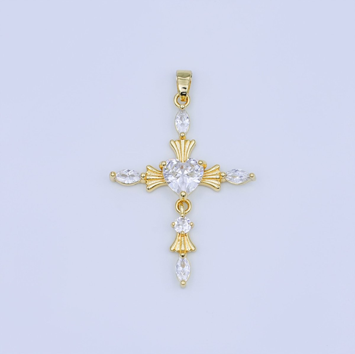 24K Gold Filled Clear, Purple, Pink, Red Marquise Heart Religious Cross Pendant | AH436 AH437