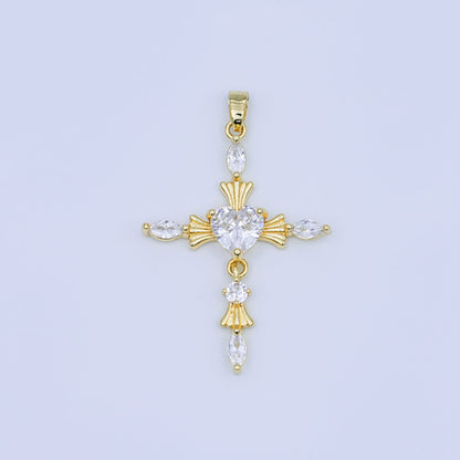 24K Gold Filled Clear, Purple, Pink, Red Marquise Heart Religious Cross Pendant | AH436 AH437