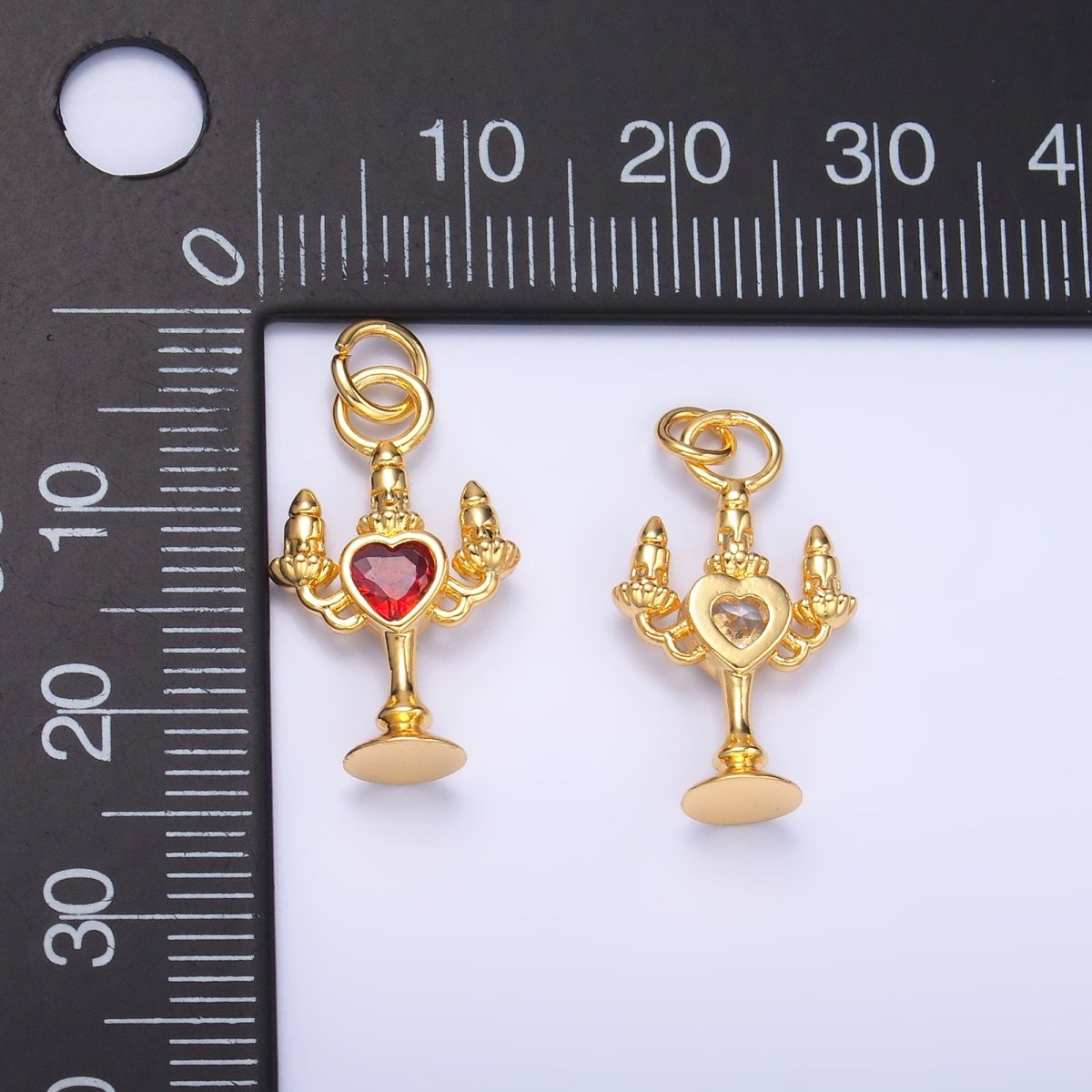 24K Gold Filled Clear, Red CZ Heart Candle Candelabrum Charm in Gold &amp; Silver | W339 W790