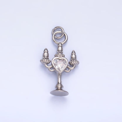 24K Gold Filled Clear, Red CZ Heart Candle Candelabrum Charm in Gold &amp; Silver | W339 W790