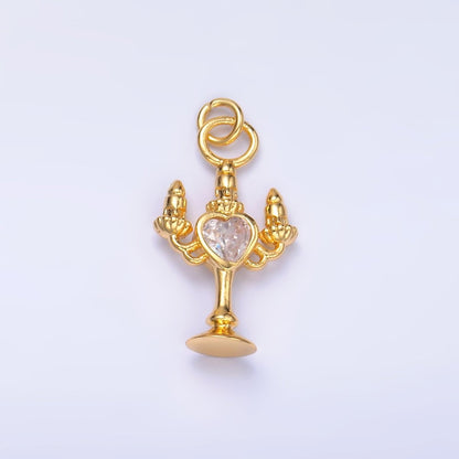 24K Gold Filled Clear, Red CZ Heart Candle Candelabrum Charm in Gold &amp; Silver | W339 W790