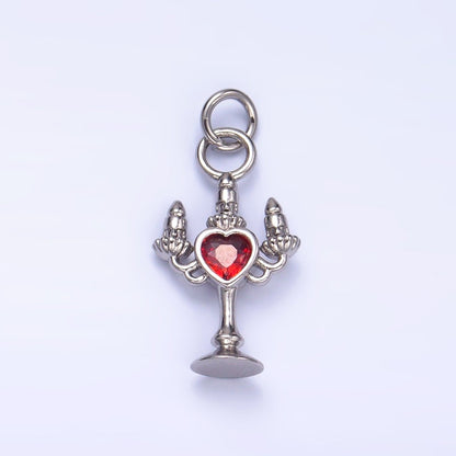 24K Gold Filled Clear, Red CZ Heart Candle Candelabrum Charm in Gold &amp; Silver | W339 W790