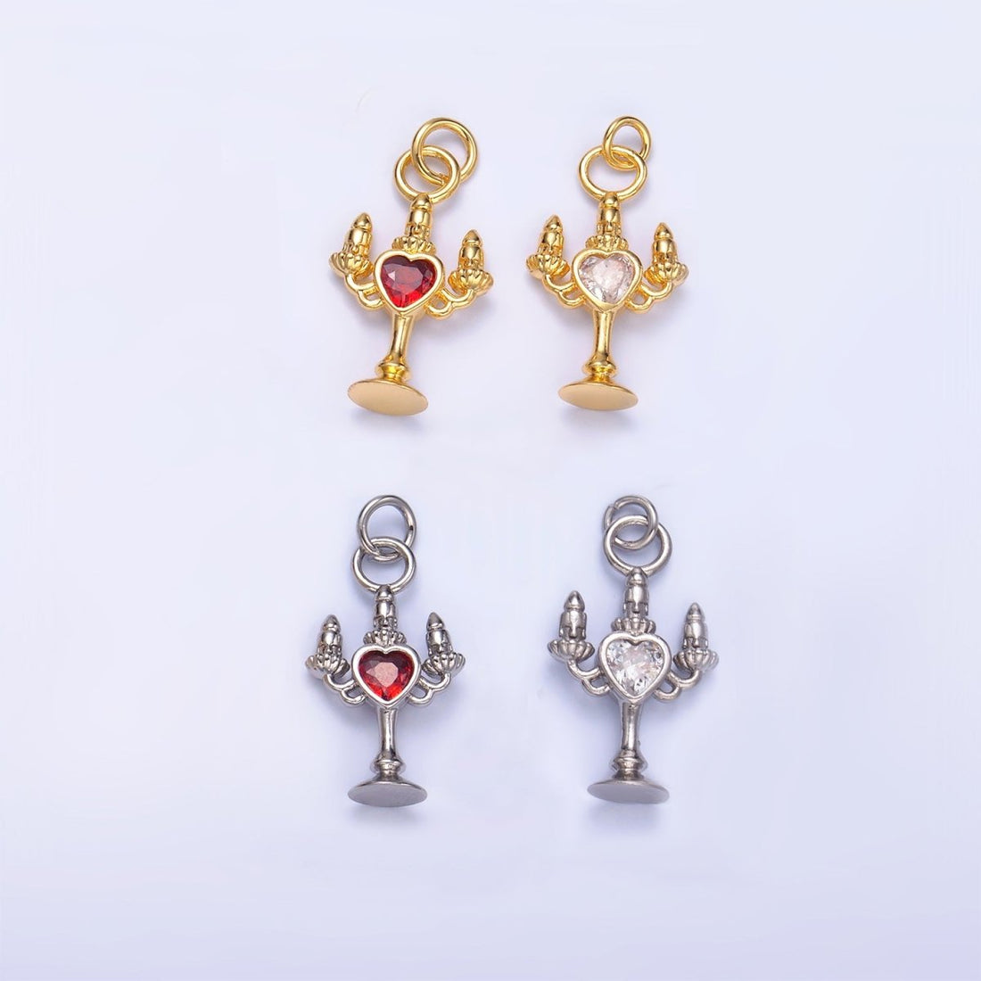 24K Gold Filled Clear, Red CZ Heart Candle Candelabrum Charm in Gold &amp; Silver | W339 W790