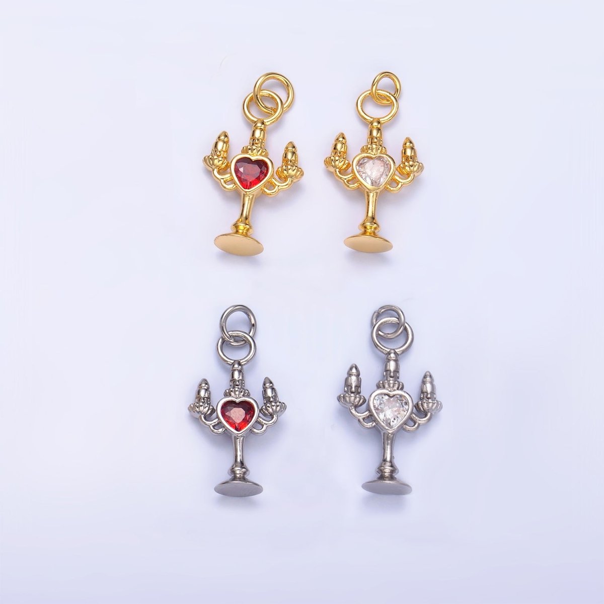 24K Gold Filled Clear, Red CZ Heart Candle Candelabrum Charm in Gold &amp; Silver | W339 W790