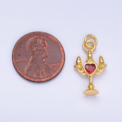 24K Gold Filled Clear, Red CZ Heart Candle Candelabrum Charm in Gold &amp; Silver | W339 W790