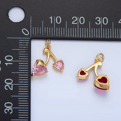 24K Gold Filled Clear, Red, Pink CZ Cherry Fruit Mini Charm | X601 X602