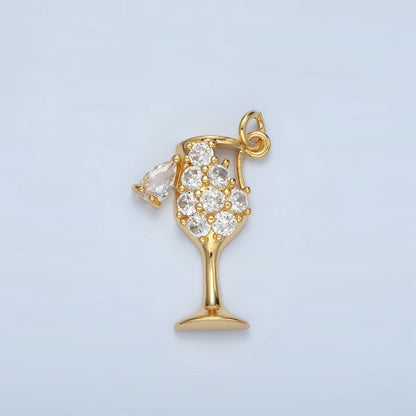 24K Gold Filled Clear, Red, Pink, Purple Micro Paved CZ Open Champagne Alcohol Drink Charm | E681 E682