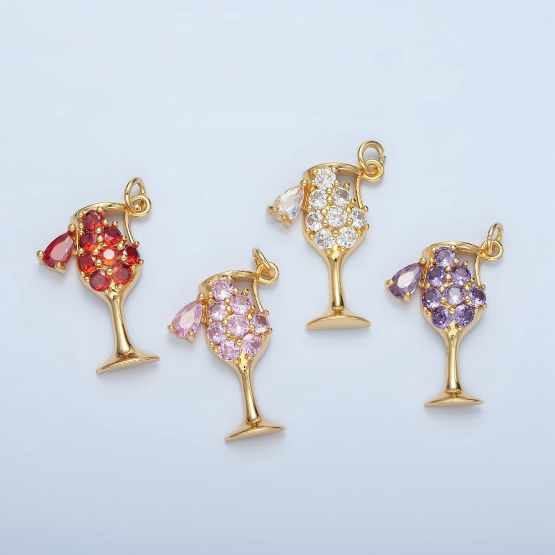 24K Gold Filled Clear, Red, Pink, Purple Micro Paved CZ Open Champagne Alcohol Drink Charm | E681 E682