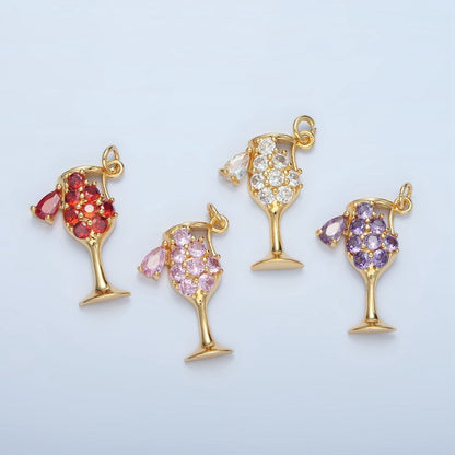 24K Gold Filled Clear, Red, Pink, Purple Micro Paved CZ Open Champagne Alcohol Drink Charm | E681 E682