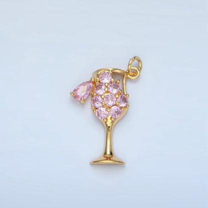 24K Gold Filled Clear, Red, Pink, Purple Micro Paved CZ Open Champagne Alcohol Drink Charm | E681 E682