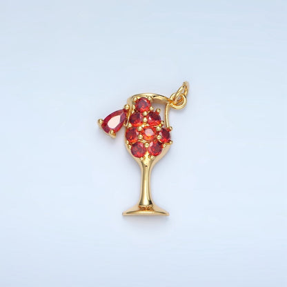 24K Gold Filled Clear, Red, Pink, Purple Micro Paved CZ Open Champagne Alcohol Drink Charm | E681 E682