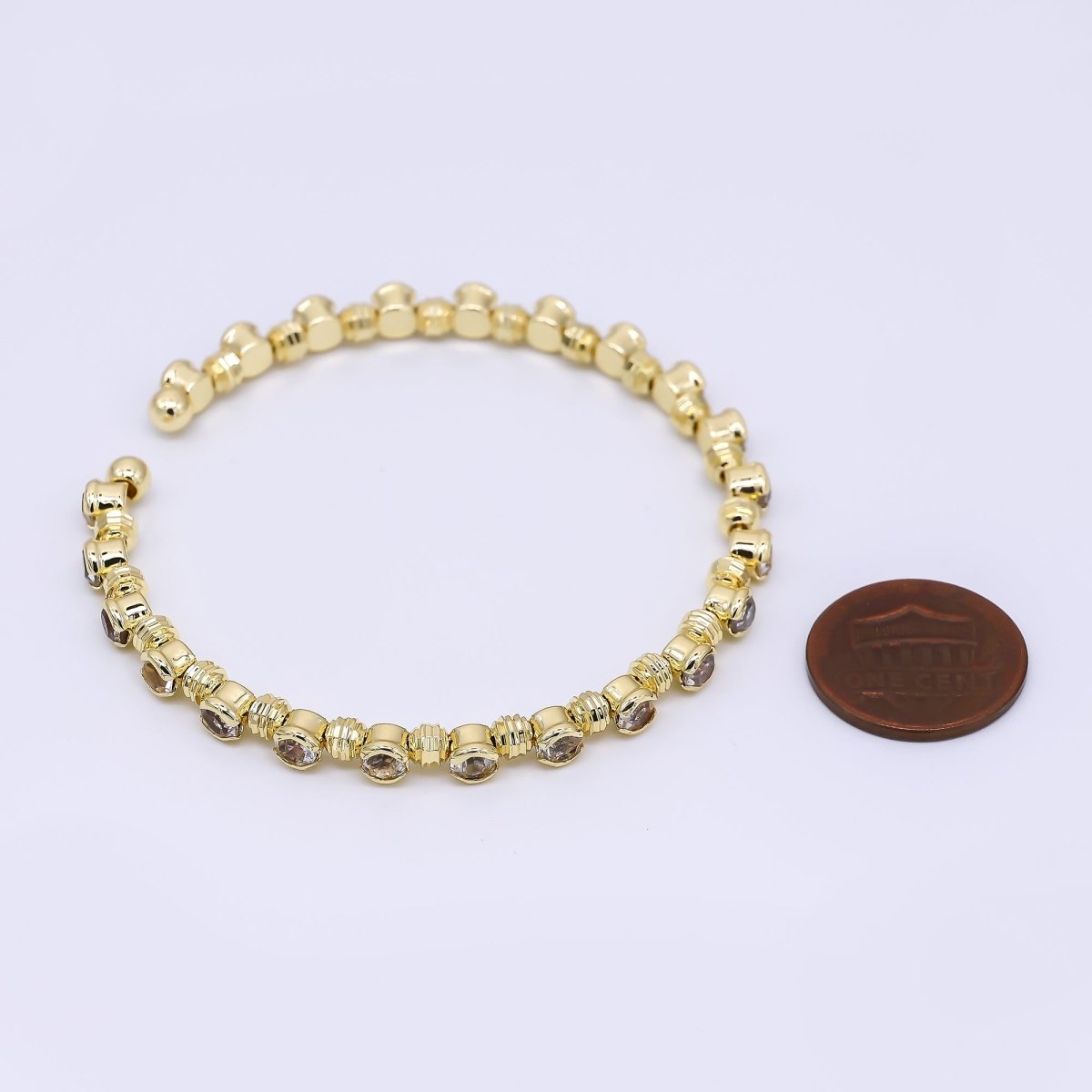 24K Gold Filled Clear Round CZ Bubble Geometric Bezel Cuff Bracelet | WA-03327