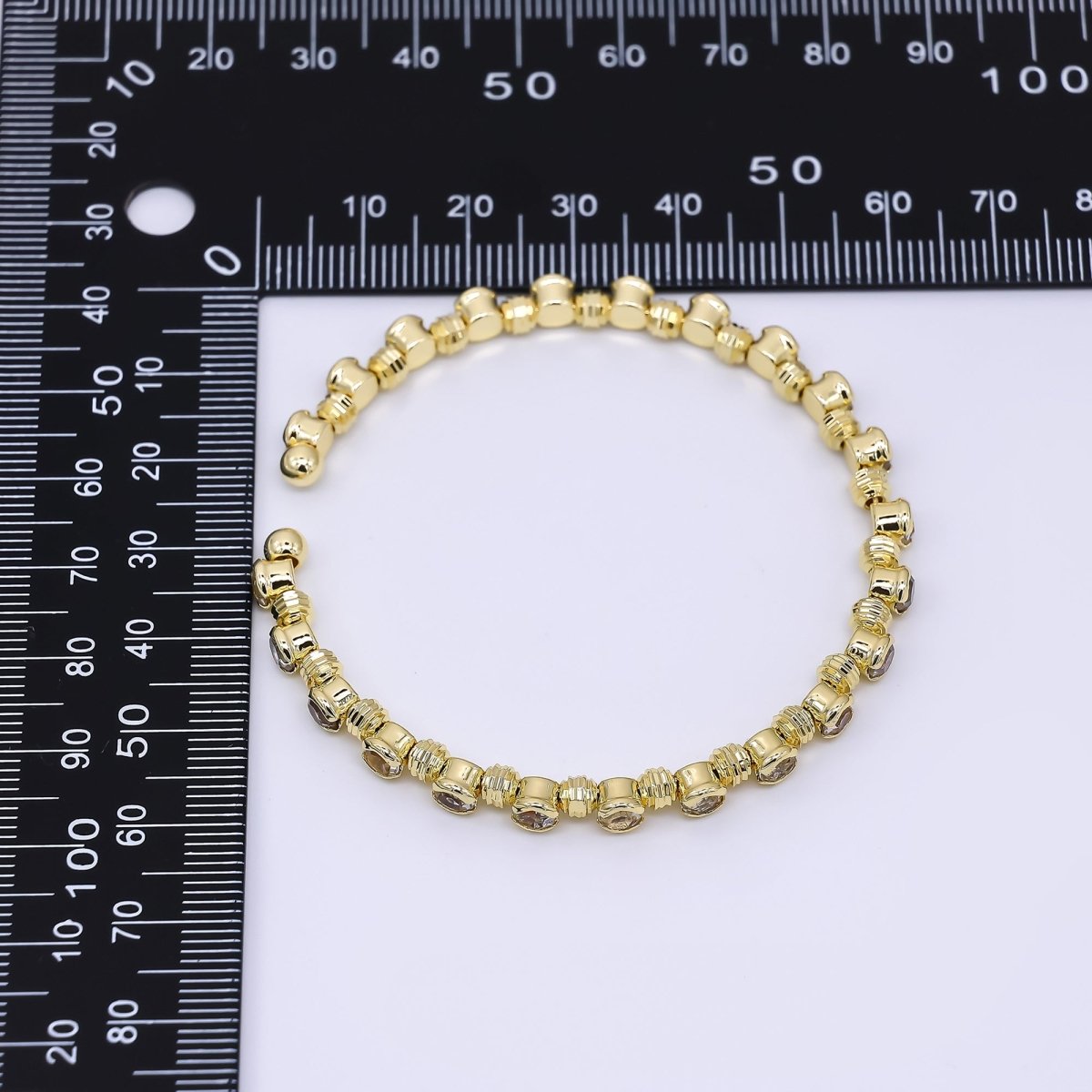 24K Gold Filled Clear Round CZ Bubble Geometric Bezel Cuff Bracelet | WA-03327