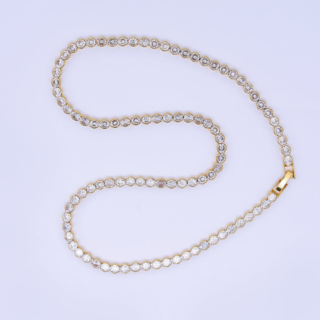 24K Gold Filled Round Clear CZ Bezel Tennis 18 Inch Necklace | WA-3406