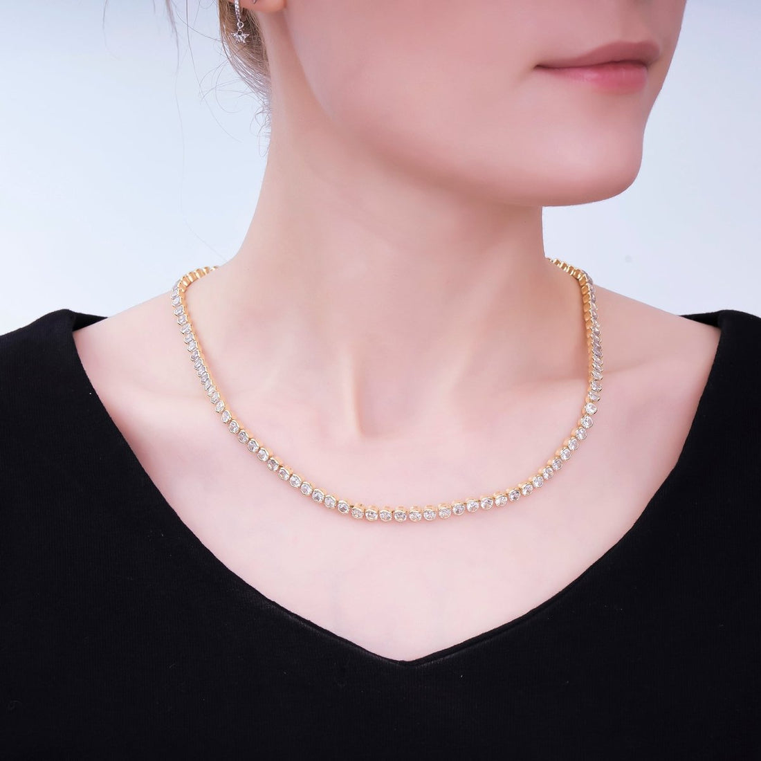 Clear Round Bezel Cubic Zirconia Tennis 16.5 inch Gold Filled CZ Necklace | WA-3768