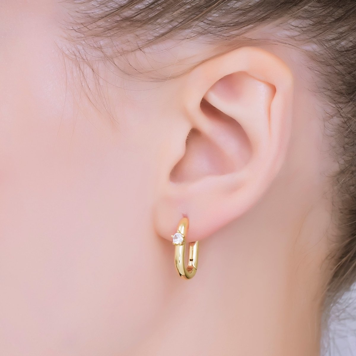 24K Gold Filled Clear Round CZ Star Oblong Hinged Huggie Hoops Earrings | AJ-056