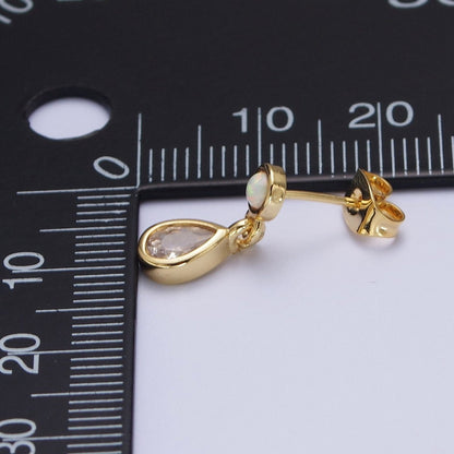 24K Gold Filled Clear Teardrop Drop Dangle Round White Opal Stud Earrings | AD-204