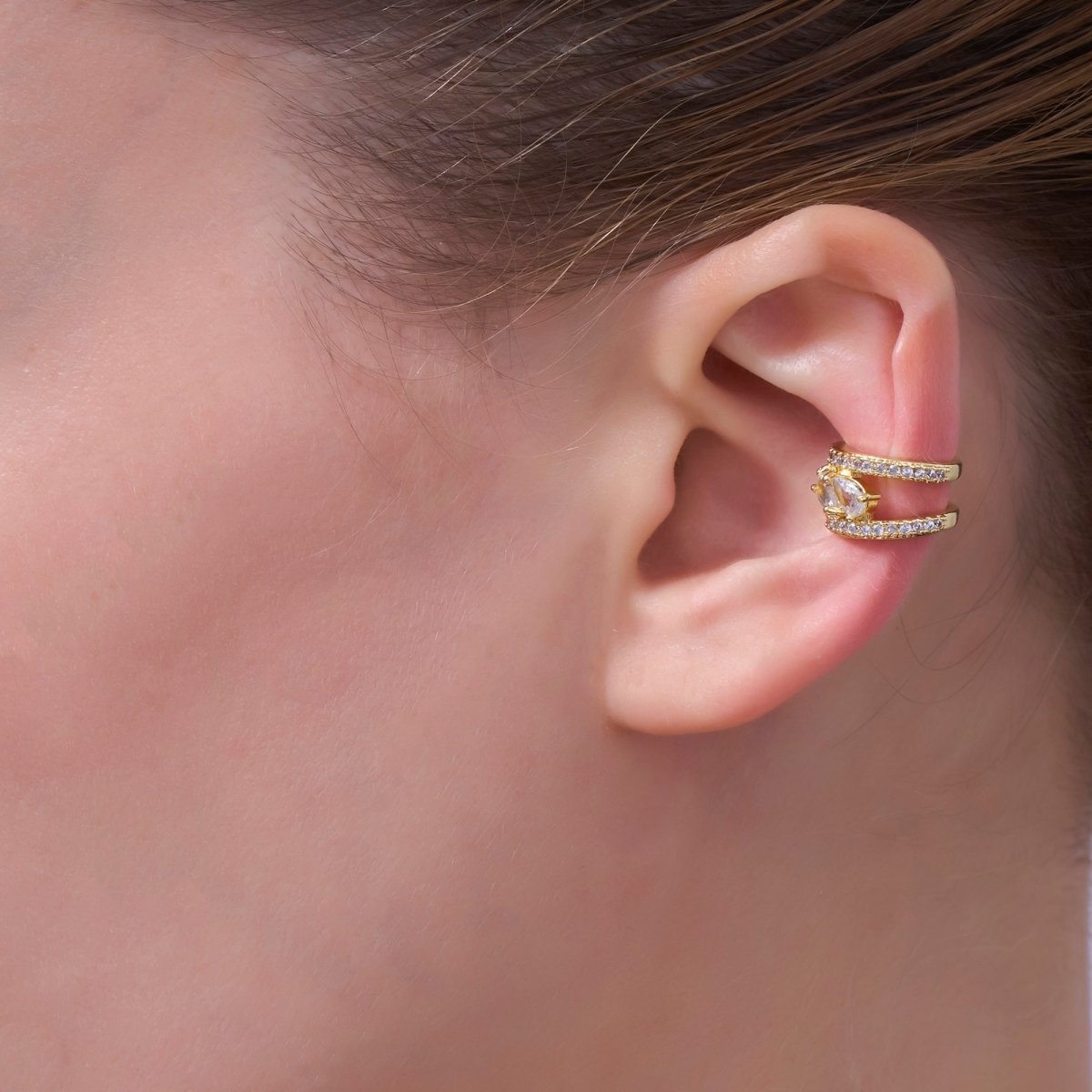 24K Gold Filled Clear Teardrop Micro Paved CZ Ear Cuff Earrings | AI175