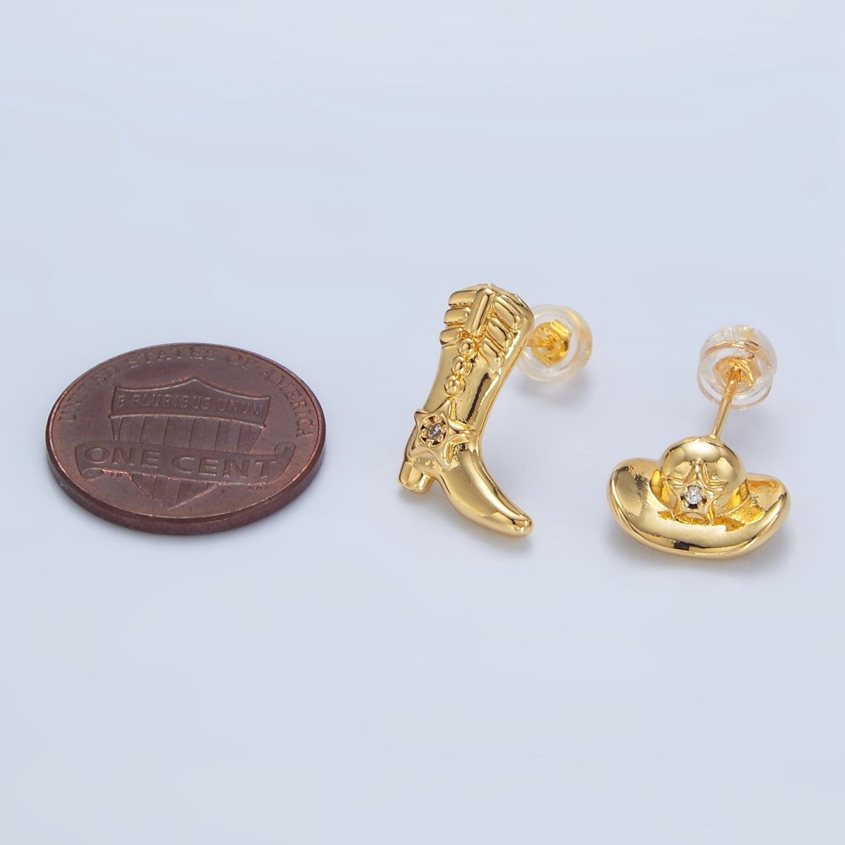 24K Gold Filled Cowboy Hat Boots CZ Stud Earrings Set in Gold &amp; Silver | P415