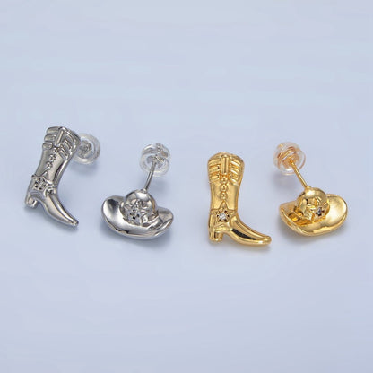 24K Gold Filled Cowboy Hat Boots CZ Stud Earrings Set in Gold &amp; Silver | P415