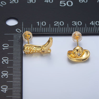 24K Gold Filled Cowboy Hat Boots CZ Stud Earrings Set in Gold &amp; Silver | P415