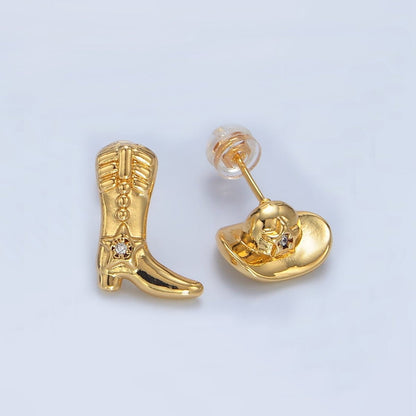 24K Gold Filled Cowboy Hat Boots CZ Stud Earrings Set in Gold &amp; Silver | P415