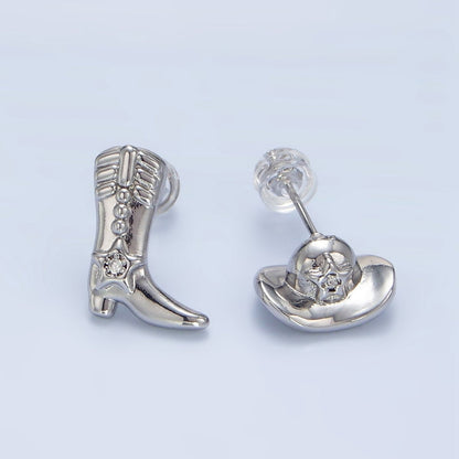 24K Gold Filled Cowboy Hat Boots CZ Stud Earrings Set in Gold &amp; Silver | P415