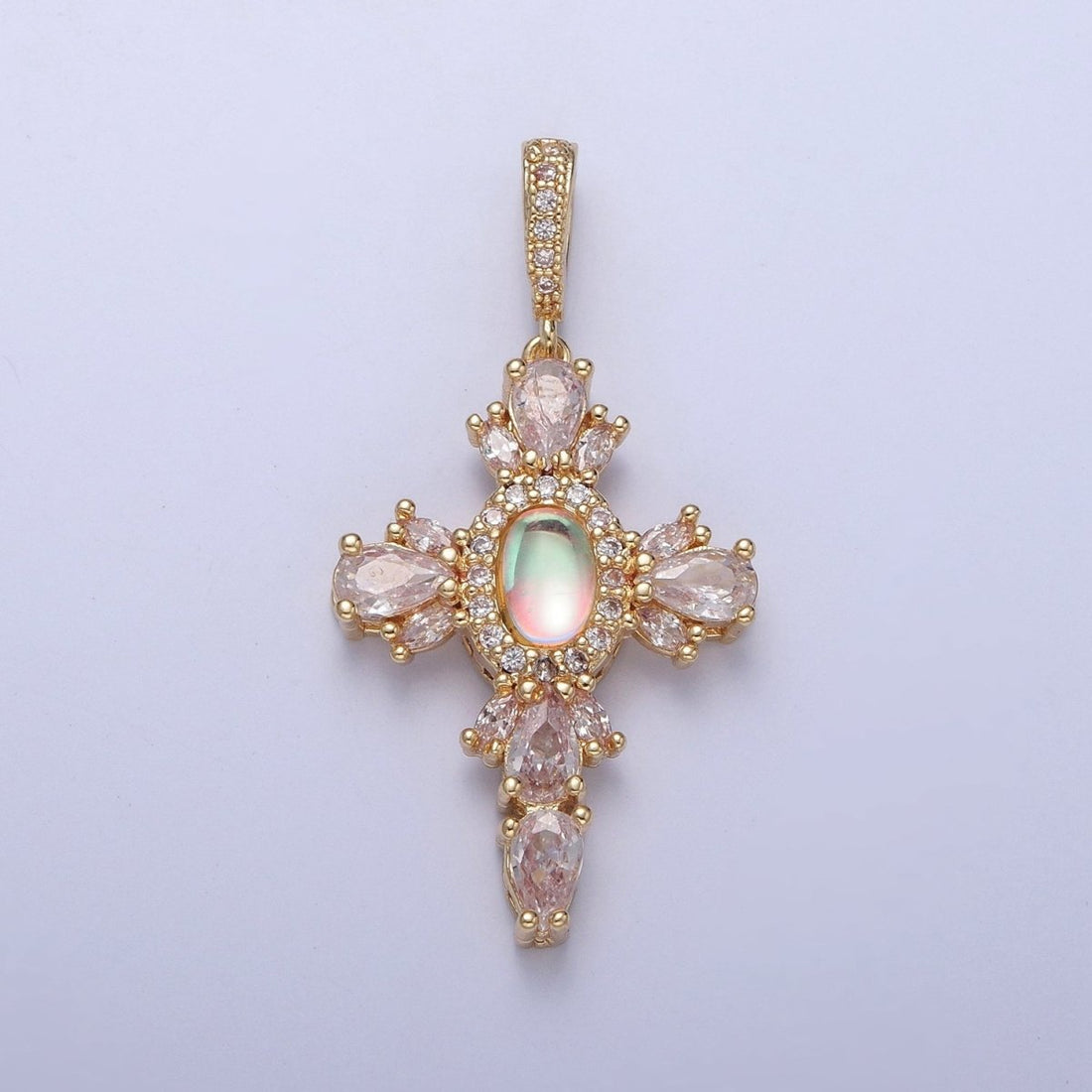 24K Gold Filled Cross Pendant Charm, Micro Pave Clear CZ Cubic Zirconia &amp; Moonstone Religious Jewelry I-351