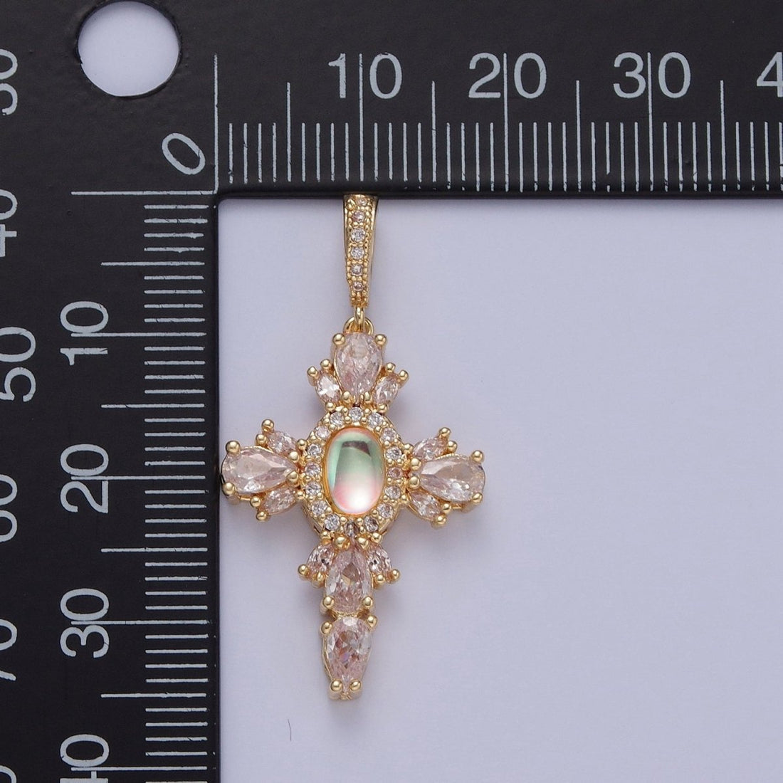 24K Gold Filled Cross Pendant Charm, Micro Pave Clear CZ Cubic Zirconia &amp; Moonstone Religious Jewelry I-351
