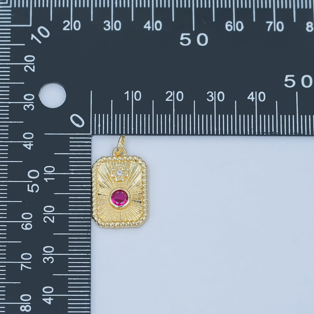 24K Gold Filled Cross Red CZ Sunburst Twisted Bezel Charm | M625