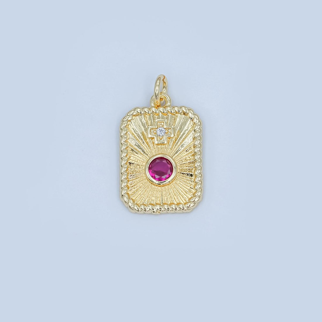 24K Gold Filled Cross Red CZ Sunburst Twisted Bezel Charm | M625