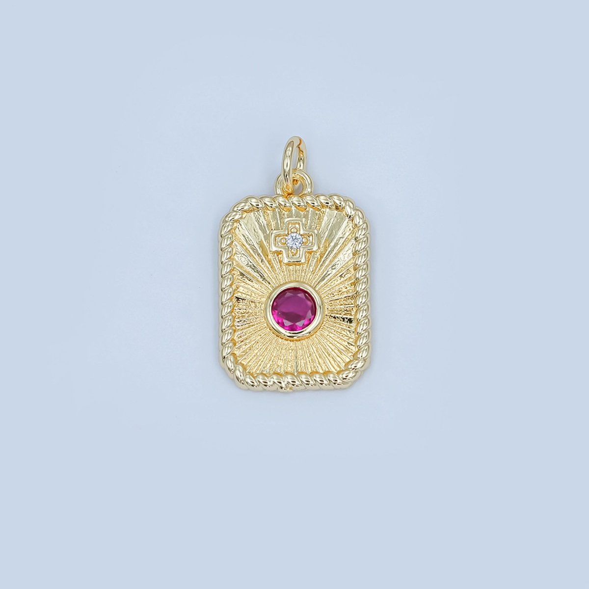 24K Gold Filled Cross Red CZ Sunburst Twisted Bezel Charm | M625