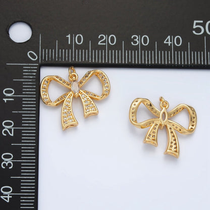 24K Gold Filled Cubic Zirconia Micro Paved Ribbon Bow Charm  | D-865