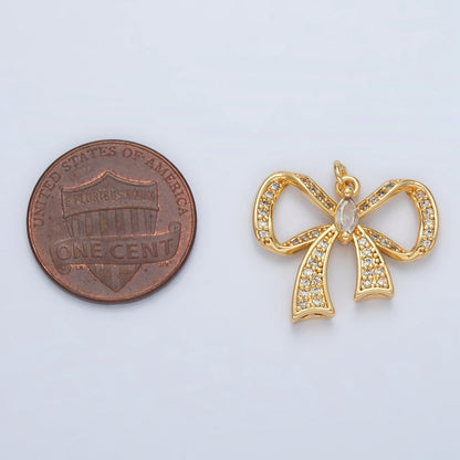 24K Gold Filled Cubic Zirconia Micro Paved Ribbon Bow Charm  | D-865