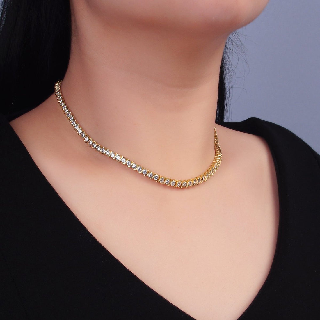 24K Gold Filled Curved S-Link Tennis Chain 16 Inch Necklace in Gold &amp; Silver | WA-3028 WA-3029