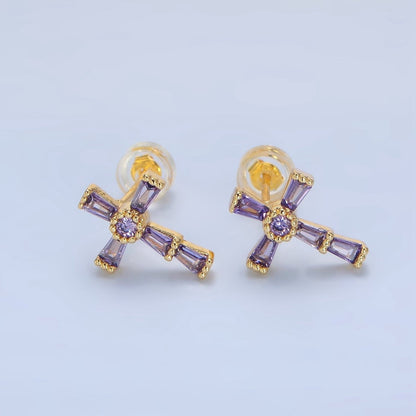 24K Gold Filled CZ Baguette Religious Cross Stud Earrings | P053 - P061
