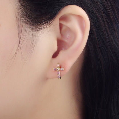 24K Gold Filled CZ Baguette Religious Cross Stud Earrings | P053 - P061