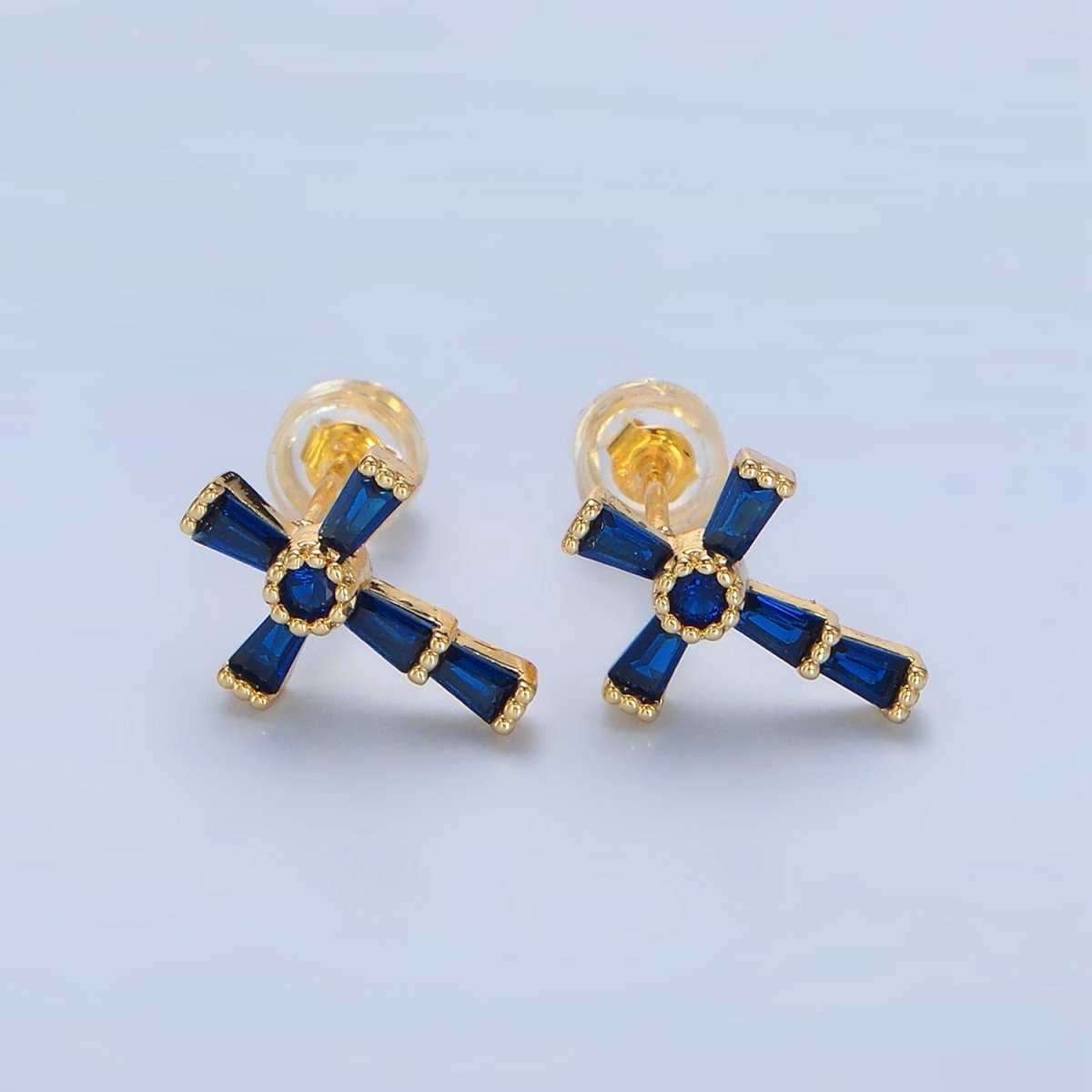 24K Gold Filled CZ Baguette Religious Cross Stud Earrings | P053 - P061