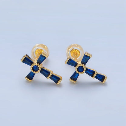 24K Gold Filled CZ Baguette Religious Cross Stud Earrings | P053 - P061
